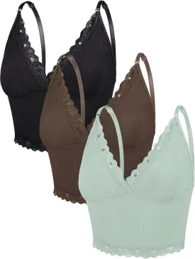 3 Pieces Women's Rib Knit Cami Tops Lace Trim Camisole Sleeveless Adjustable Strap Crop Top Solid Cami for Women