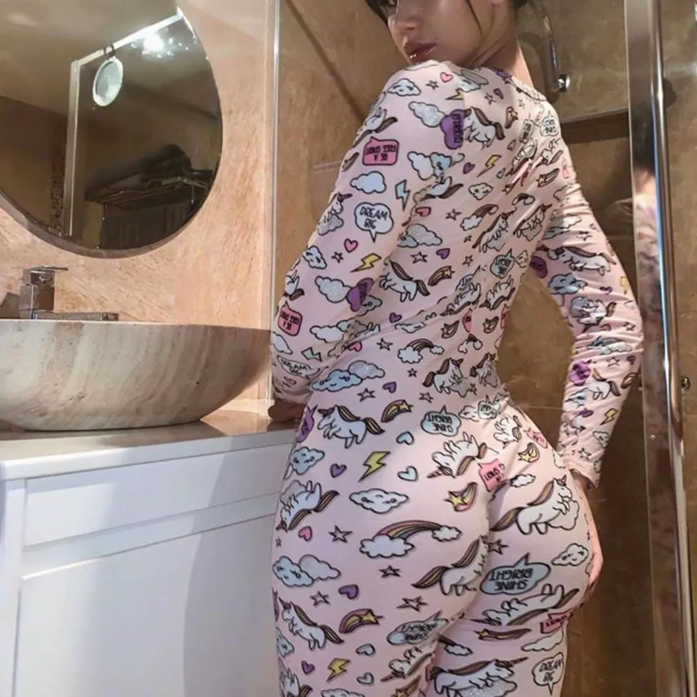 Active Women's Printed Hip Exercise Fitness Jumpsuit Pink Rainbow Pony Print