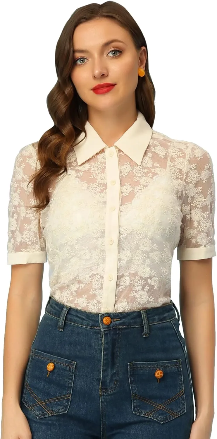 Allegra K Floral Lace Shirt for Women's 2023 Short Sleeve Semi Sheer Button Down Blouse