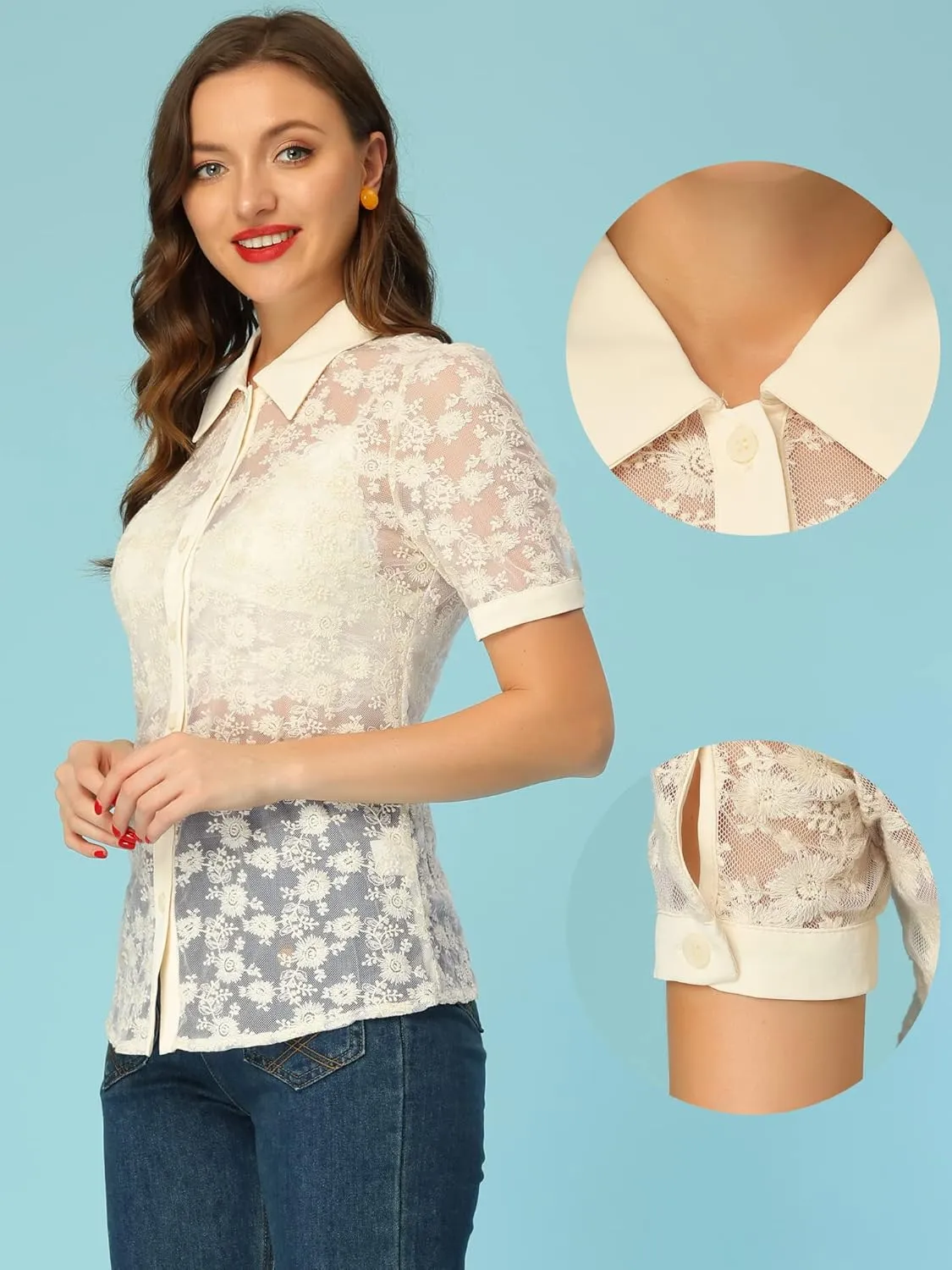 Allegra K Floral Lace Shirt for Women's 2023 Short Sleeve Semi Sheer Button Down Blouse