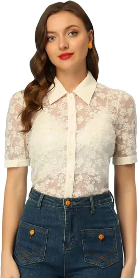 Allegra K Floral Lace Shirt for Women's 2023 Short Sleeve Semi Sheer Button Down Blouse