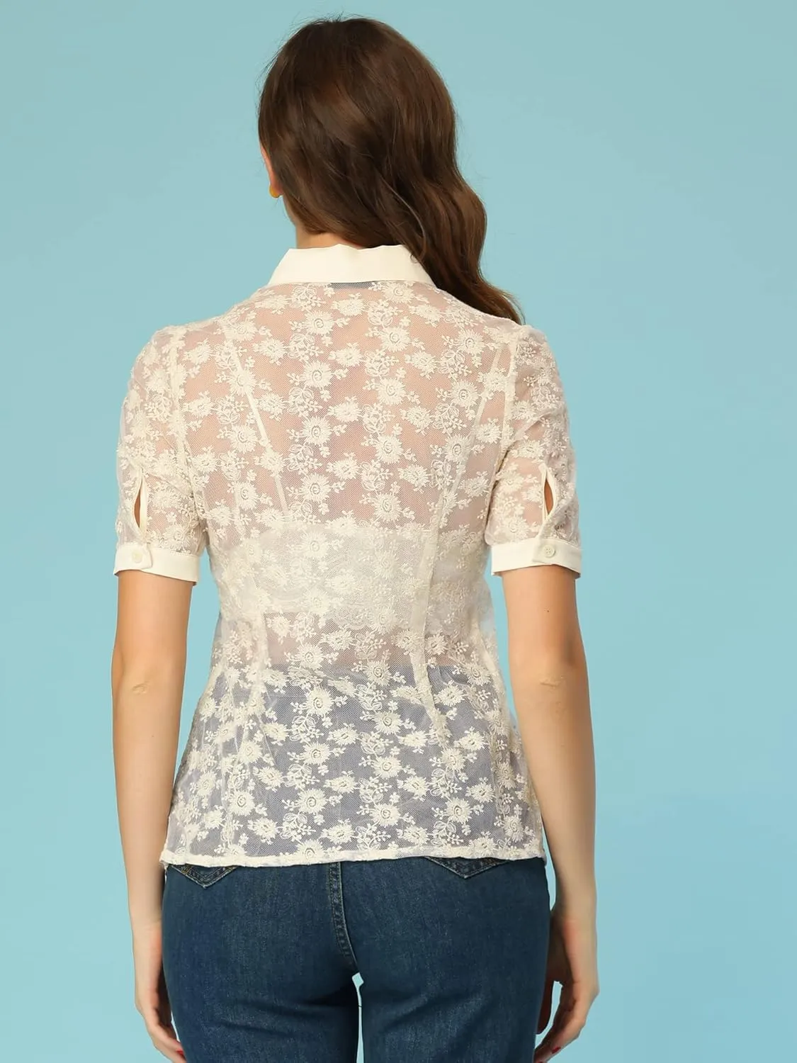 Allegra K Floral Lace Shirt for Women's 2023 Short Sleeve Semi Sheer Button Down Blouse