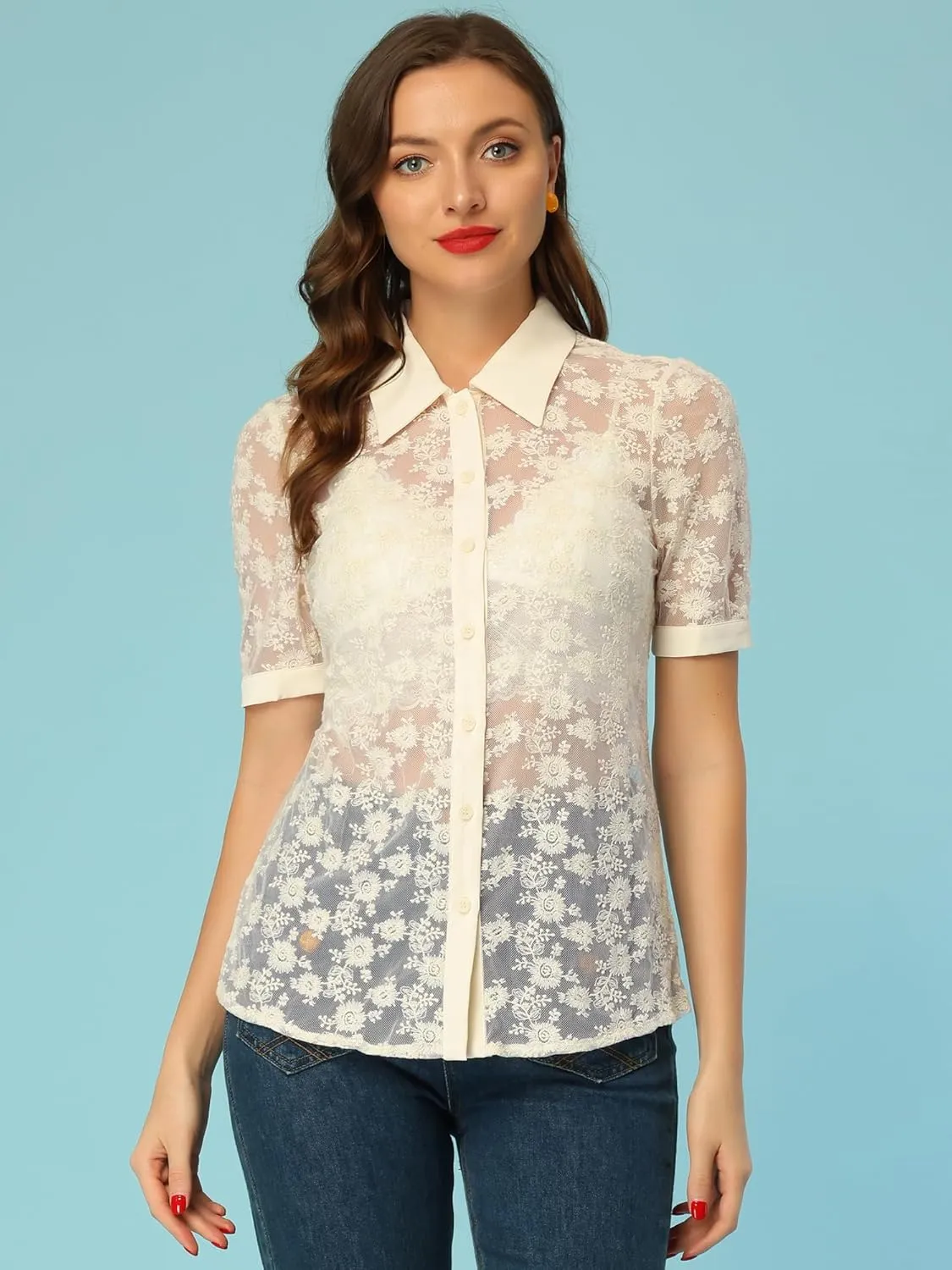 Allegra K Floral Lace Shirt for Women's 2023 Short Sleeve Semi Sheer Button Down Blouse