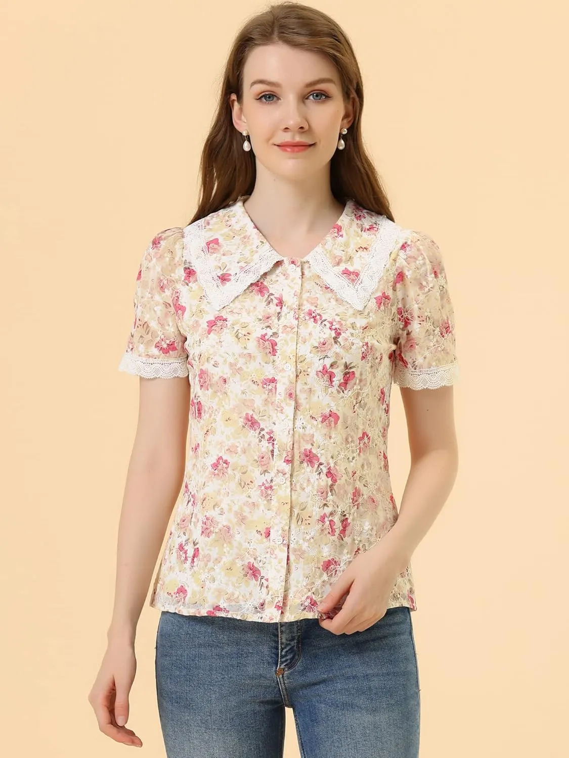 Allegra K Women's Peter Pan Collar Shirt Lace Trim Floral Embroidered 1940s Peasant Blouse
