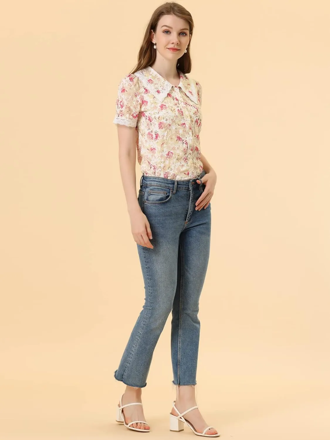 Allegra K Women's Peter Pan Collar Shirt Lace Trim Floral Embroidered 1940s Peasant Blouse