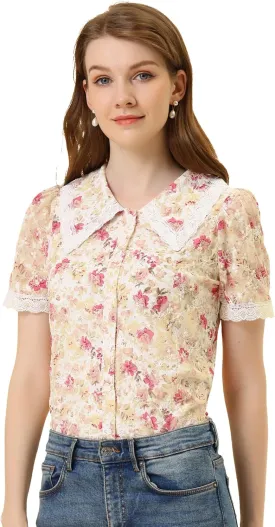 Allegra K Women's Peter Pan Collar Shirt Lace Trim Floral Embroidered 1940s Peasant Blouse