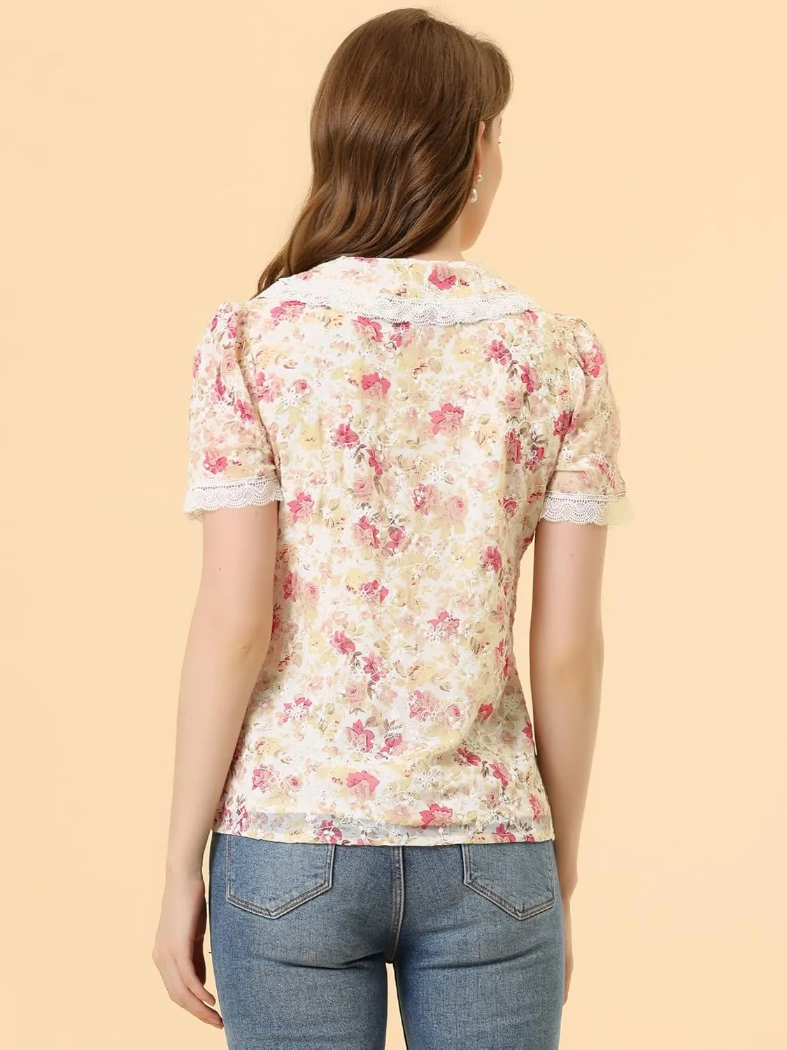 Allegra K Women's Peter Pan Collar Shirt Lace Trim Floral Embroidered 1940s Peasant Blouse