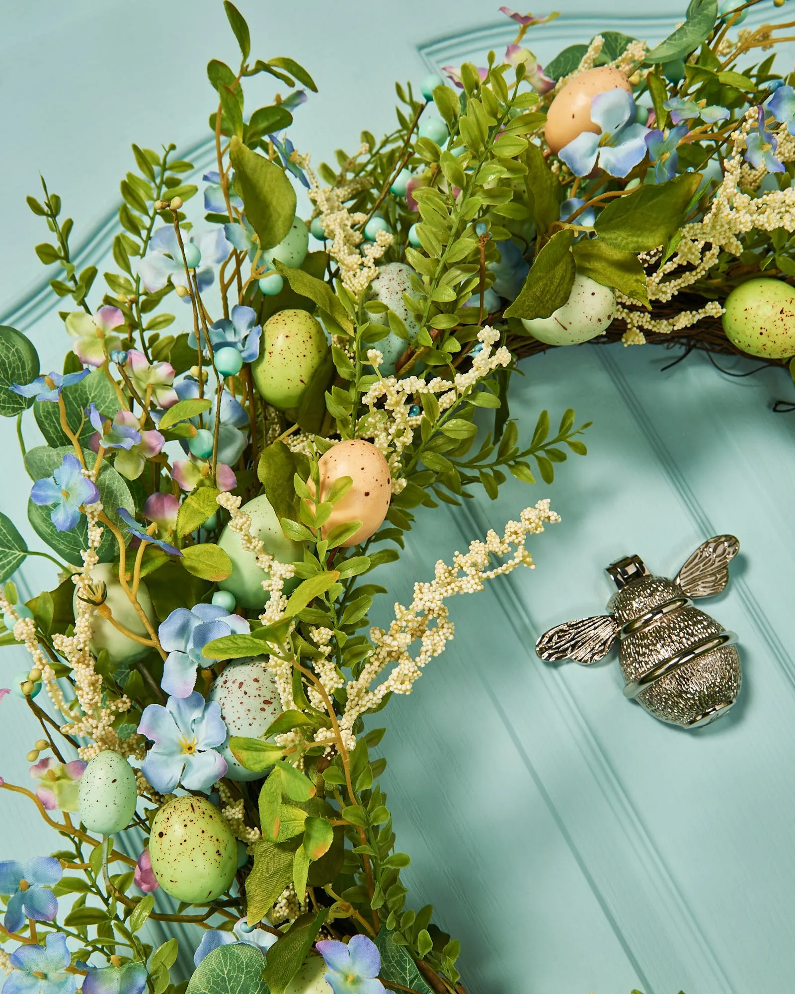 Artificial Floral Egg Wreath, Blue, 28 Inch