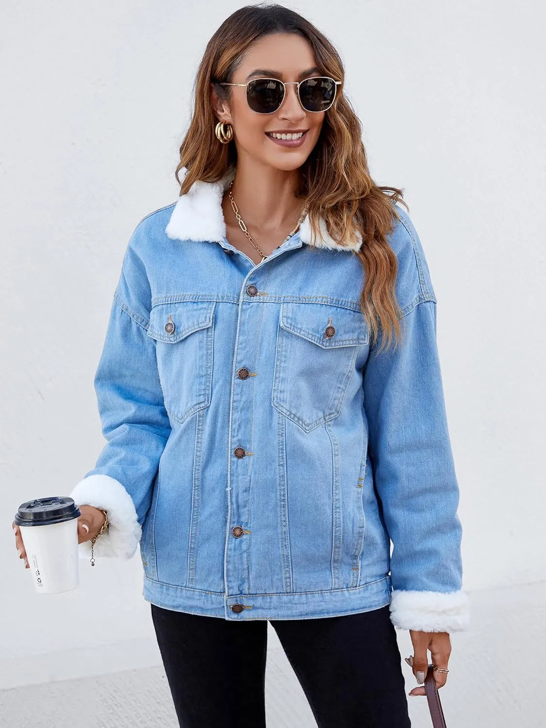 Atnlewhi Women's Retro Sherpa Lined Warm Denim Jean Jacket Thicker Jacket Coats with Pockets