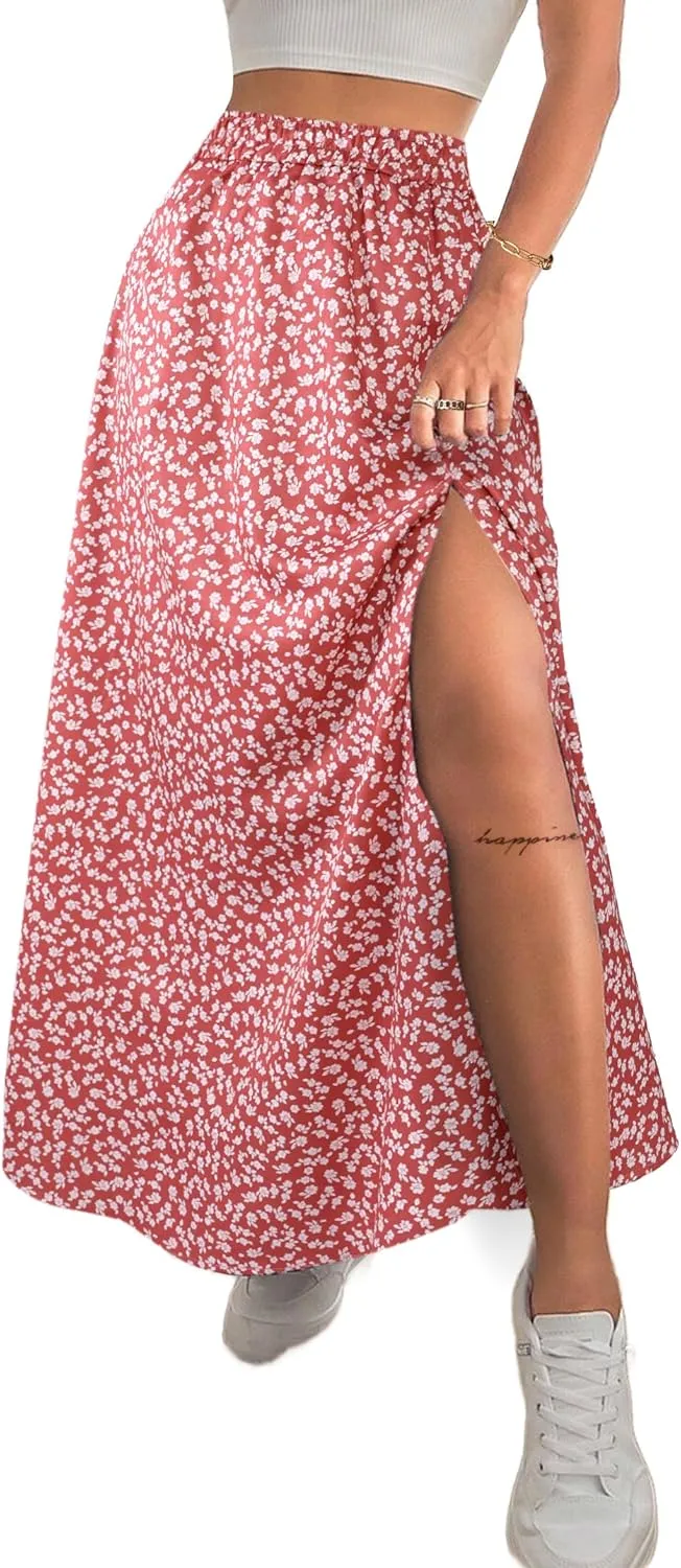 Avanova Women Boho Floral Slit Maxi Skirt Split Thigh High Waisted Long Sexy Skirt Red Floral Medium