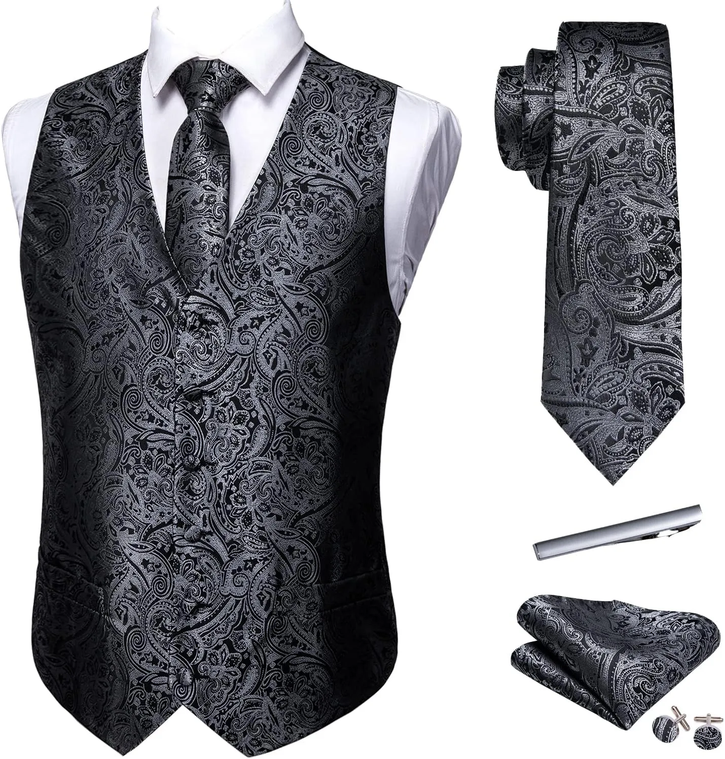 Barry.Wang Mens Suit Vest Paisley/Flower Silk Jacquard Waistcoat Ties Set Formal/Leisure 5PCS