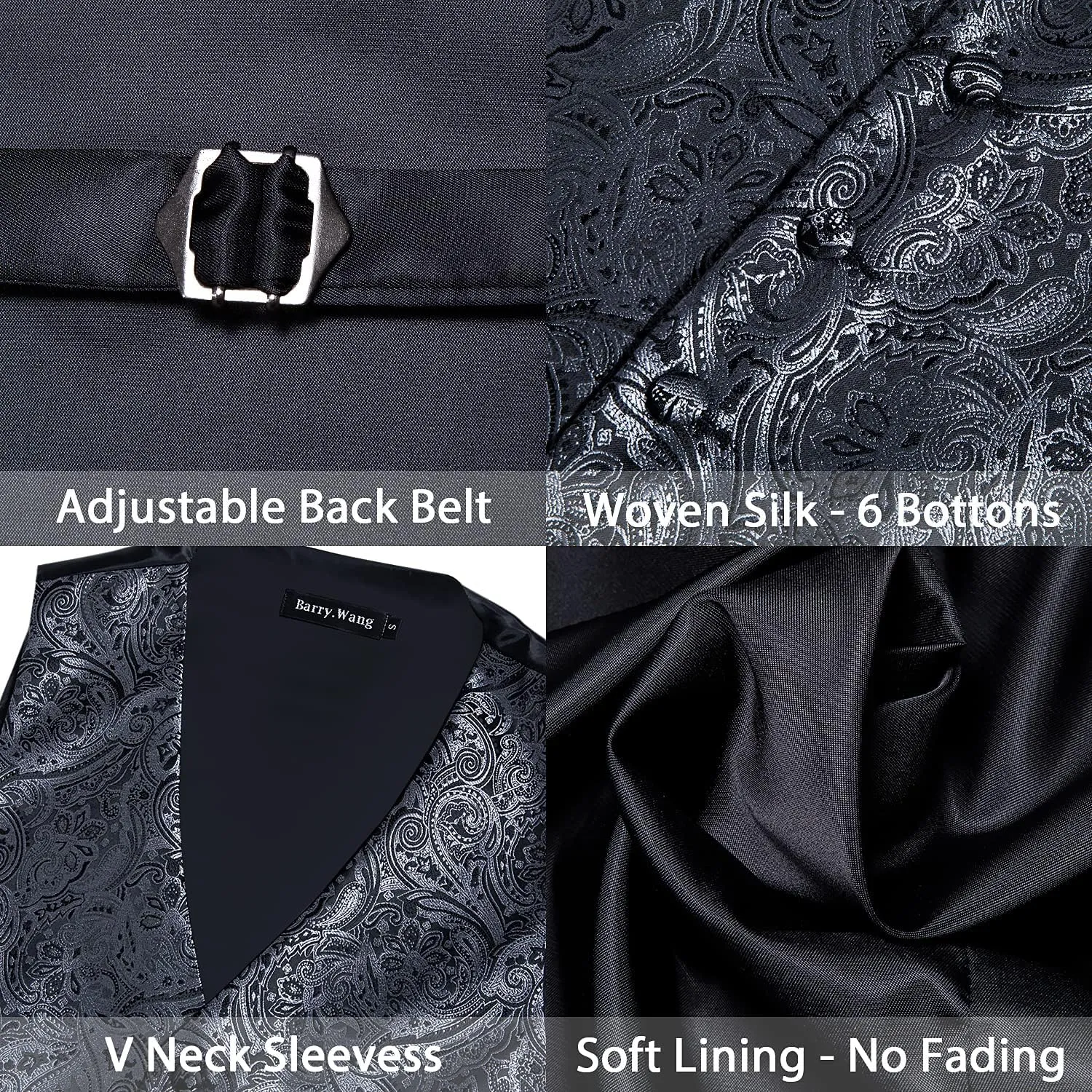 Barry.Wang Mens Suit Vest Paisley/Flower Silk Jacquard Waistcoat Ties Set Formal/Leisure 5PCS