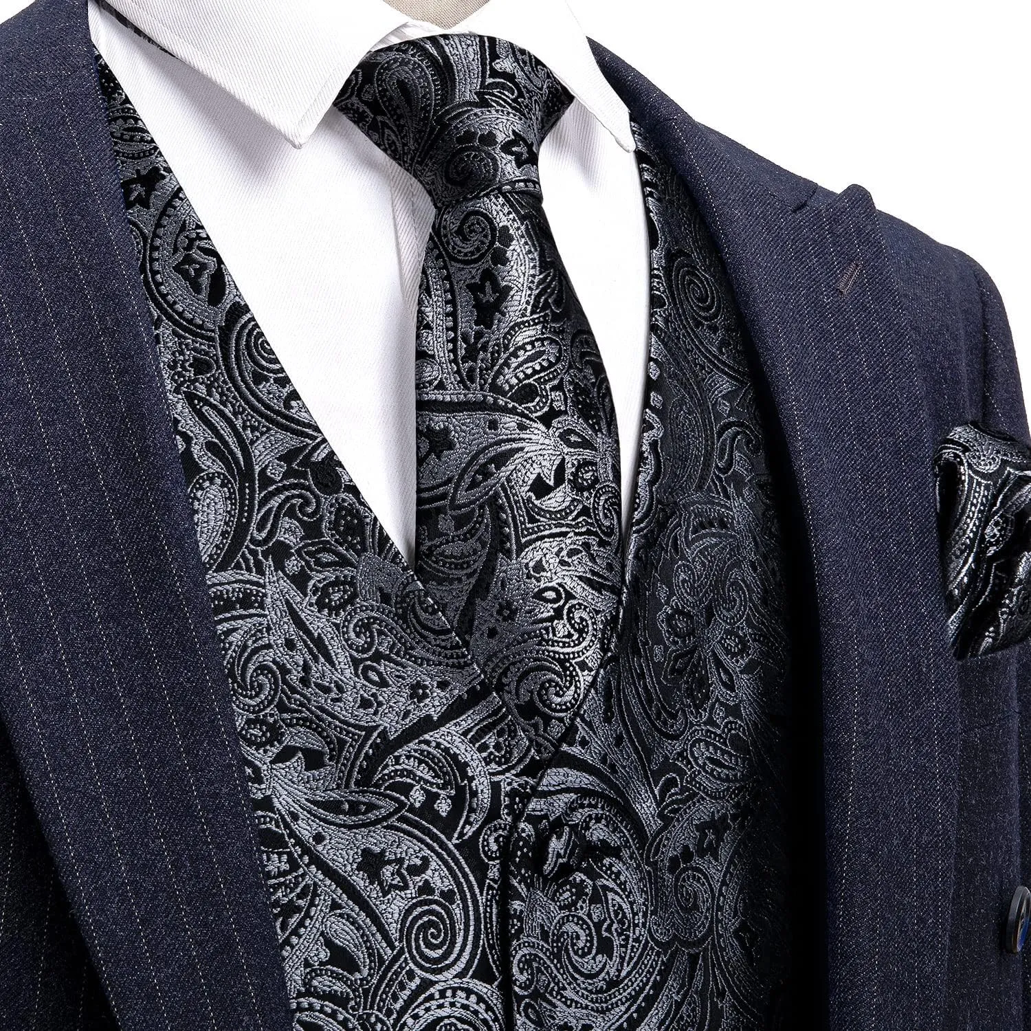 Barry.Wang Mens Suit Vest Paisley/Flower Silk Jacquard Waistcoat Ties Set Formal/Leisure 5PCS