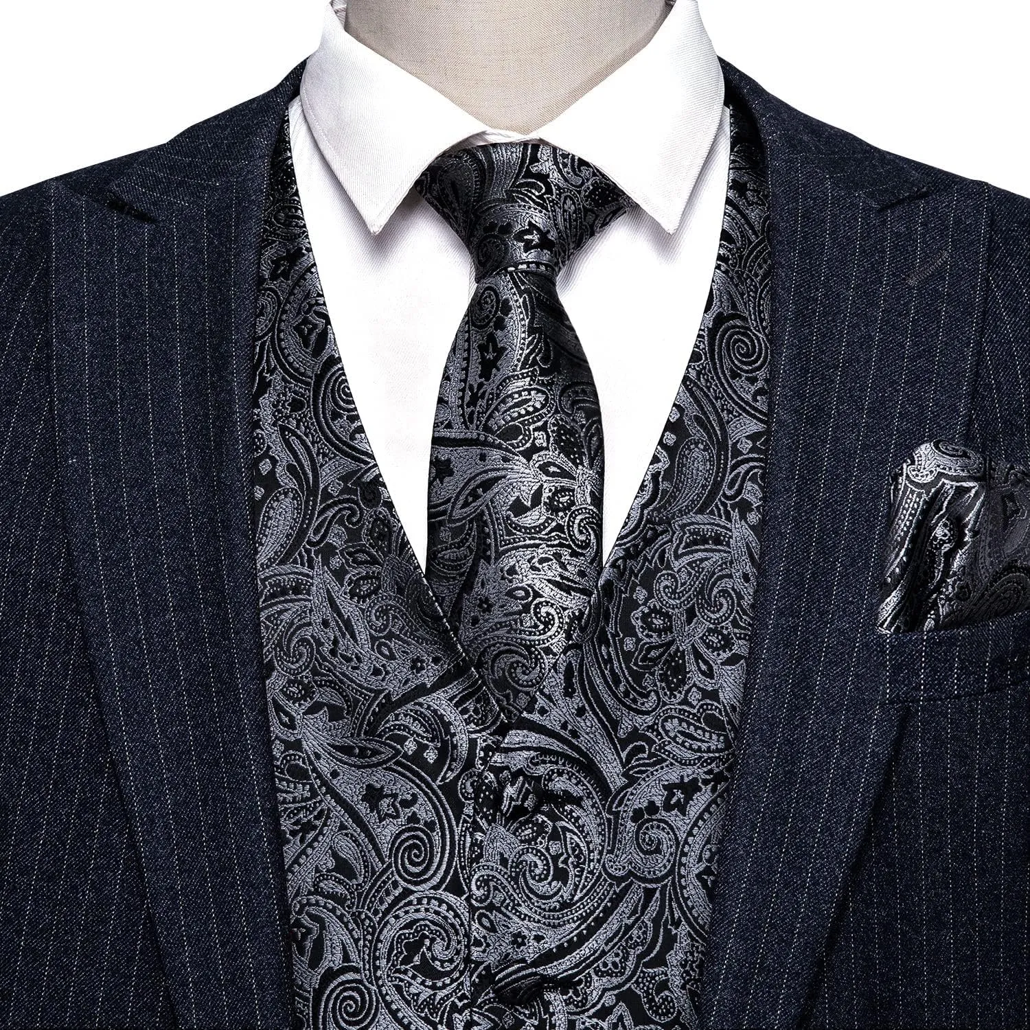 Barry.Wang Mens Suit Vest Paisley/Flower Silk Jacquard Waistcoat Ties Set Formal/Leisure 5PCS