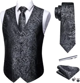 Barry.Wang Mens Suit Vest Paisley/Flower Silk Jacquard Waistcoat Ties Set Formal/Leisure 5PCS