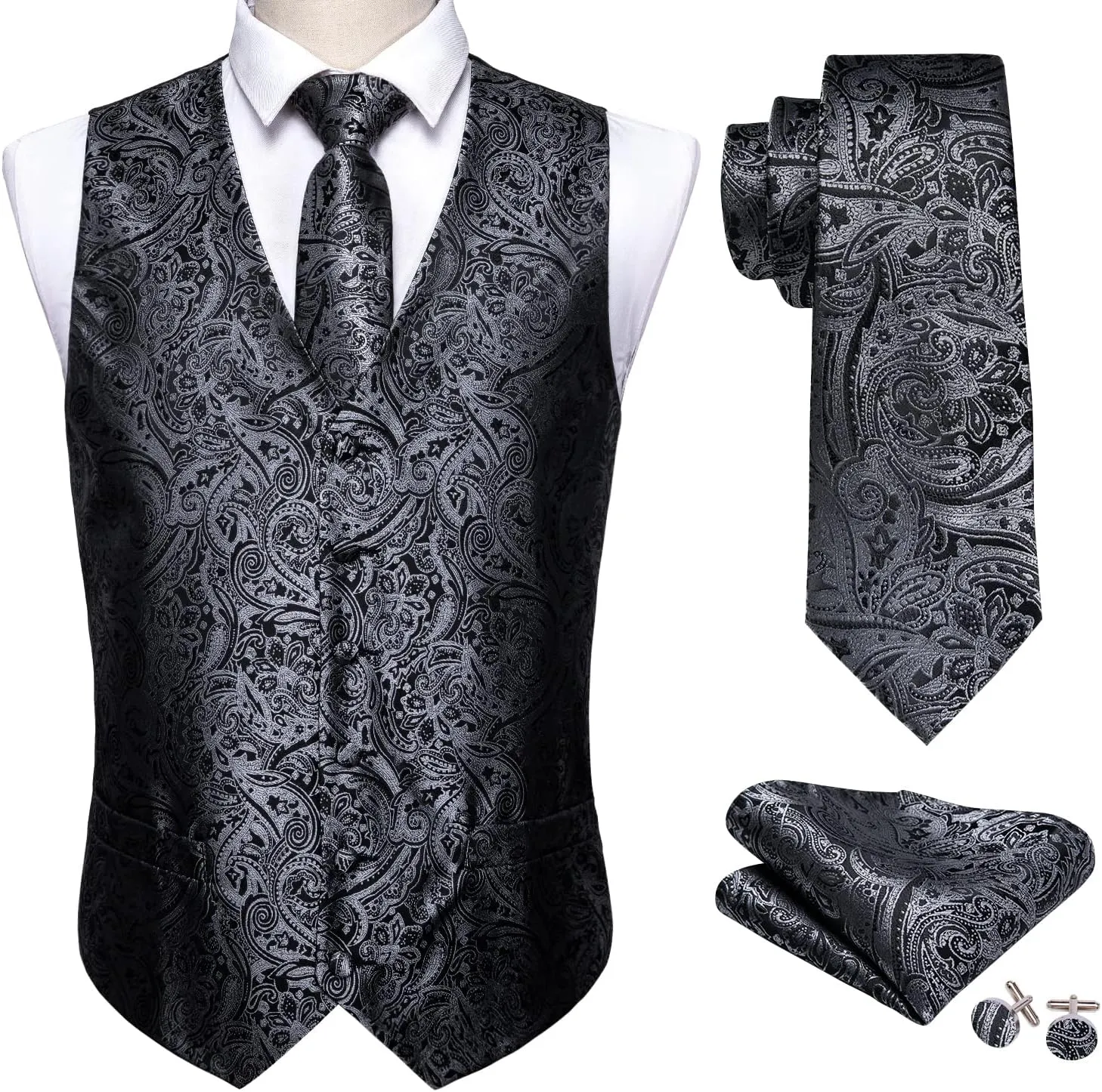 Barry.Wang Mens Suit Vest Paisley/Flower Silk Jacquard Waistcoat Ties Set Formal/Leisure 5PCS