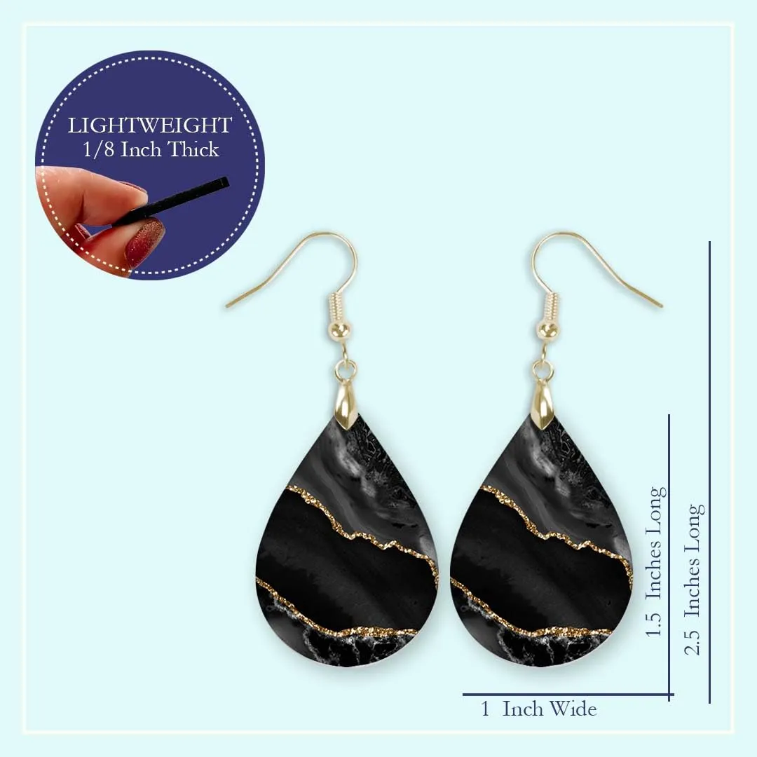 Black Earrings for Women with Gold Accents Dangle Dangling Drop Jewelry Printed MDF Wood Teardrop Double Side Print Handmade by The Painted Pug (Black Gold)