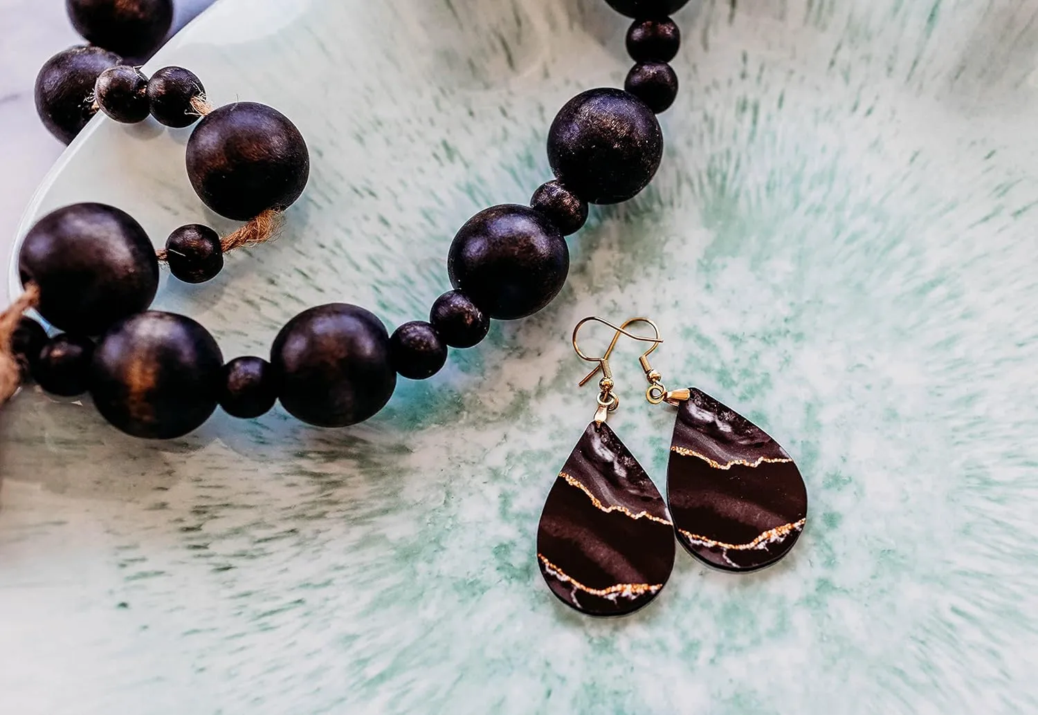 Black Earrings for Women with Gold Accents Dangle Dangling Drop Jewelry Printed MDF Wood Teardrop Double Side Print Handmade by The Painted Pug (Black Gold)