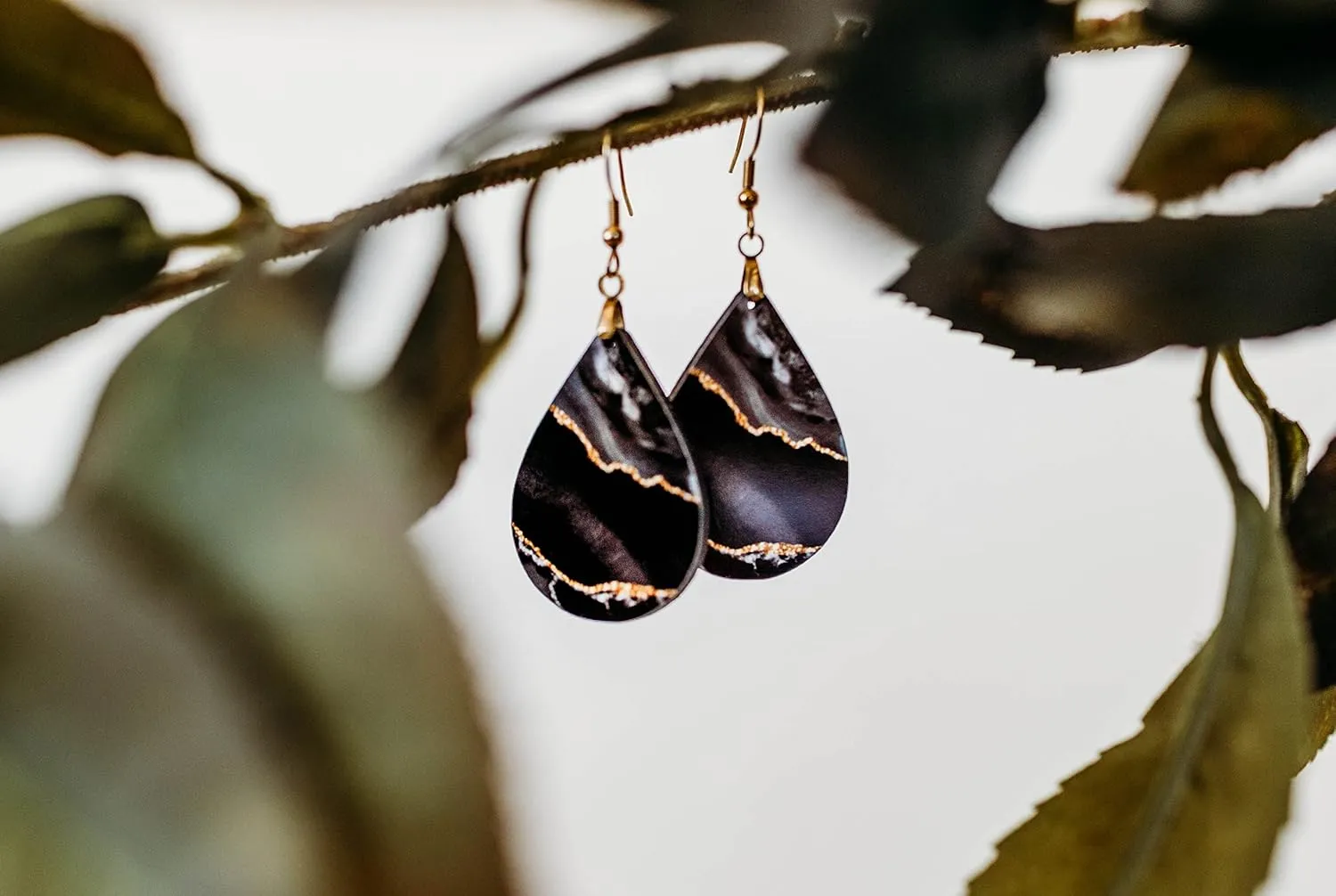Black Earrings for Women with Gold Accents Dangle Dangling Drop Jewelry Printed MDF Wood Teardrop Double Side Print Handmade by The Painted Pug (Black Gold)