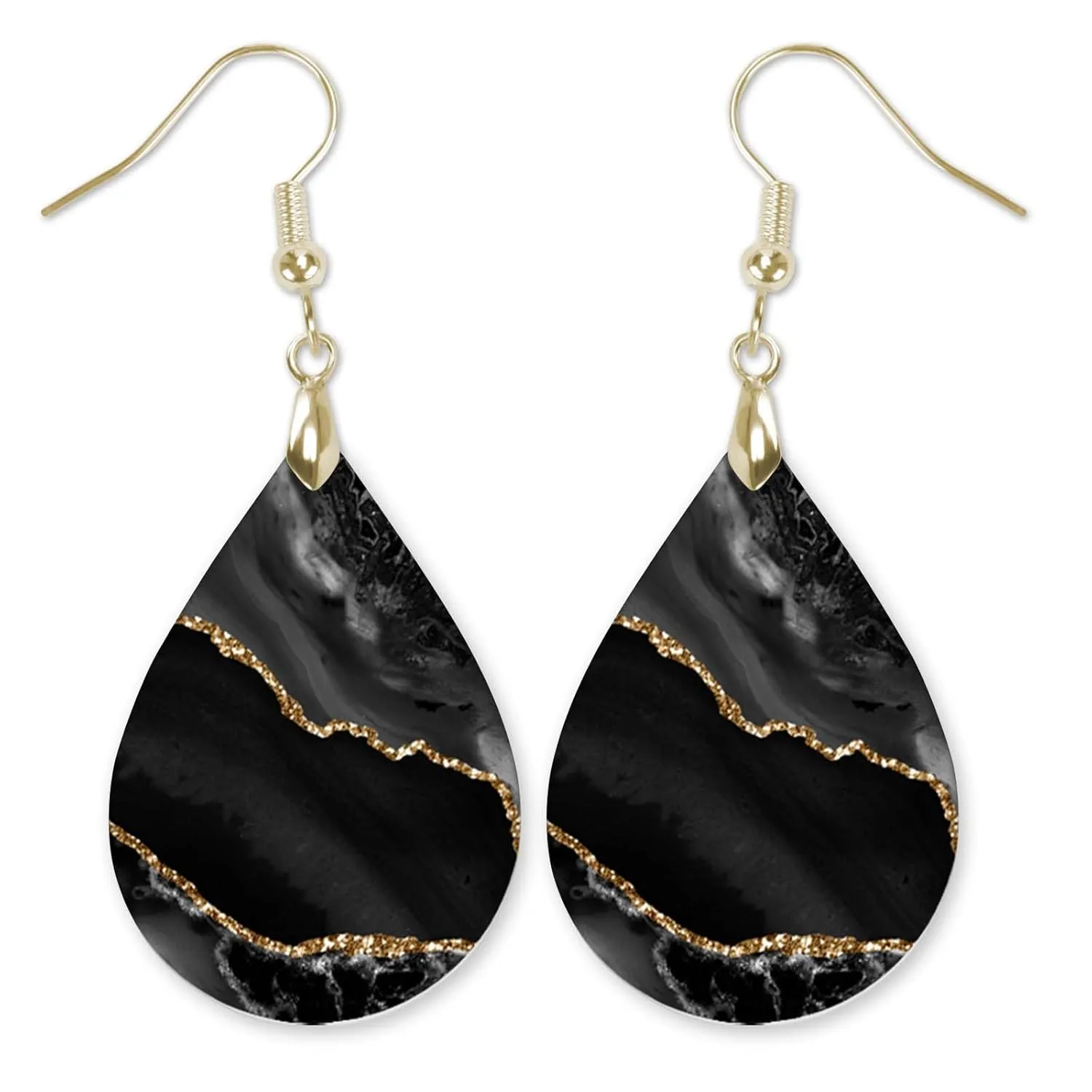 Black Earrings for Women with Gold Accents Dangle Dangling Drop Jewelry Printed MDF Wood Teardrop Double Side Print Handmade by The Painted Pug (Black Gold)
