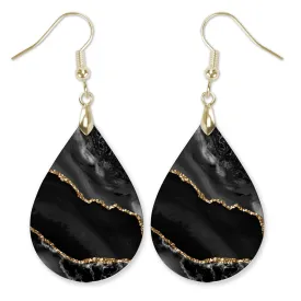 Black Earrings for Women with Gold Accents Dangle Dangling Drop Jewelry Printed MDF Wood Teardrop Double Side Print Handmade by The Painted Pug (Black Gold)