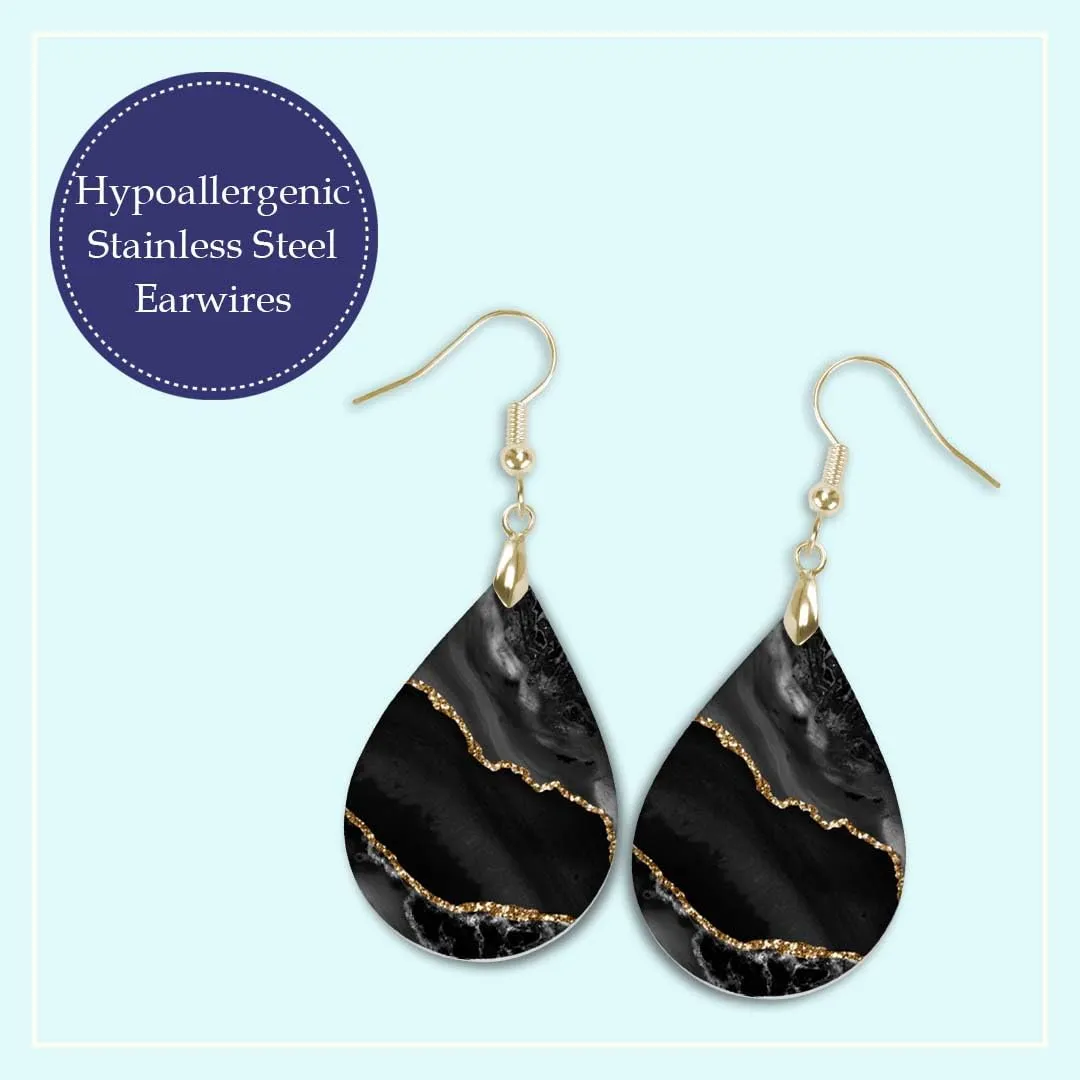 Black Earrings for Women with Gold Accents Dangle Dangling Drop Jewelry Printed MDF Wood Teardrop Double Side Print Handmade by The Painted Pug (Black Gold)