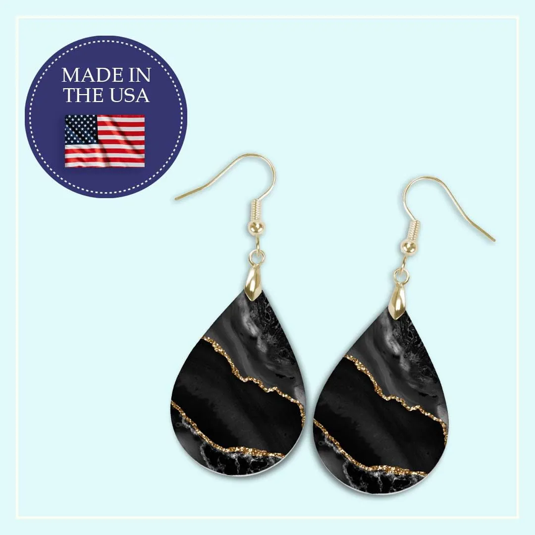 Black Earrings for Women with Gold Accents Dangle Dangling Drop Jewelry Printed MDF Wood Teardrop Double Side Print Handmade by The Painted Pug (Black Gold)