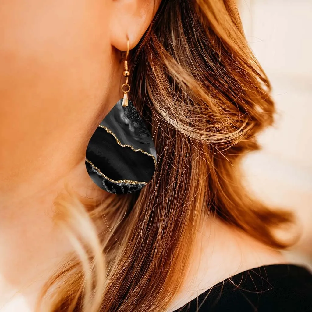 Black Earrings for Women with Gold Accents Dangle Dangling Drop Jewelry Printed MDF Wood Teardrop Double Side Print Handmade by The Painted Pug (Black Gold)