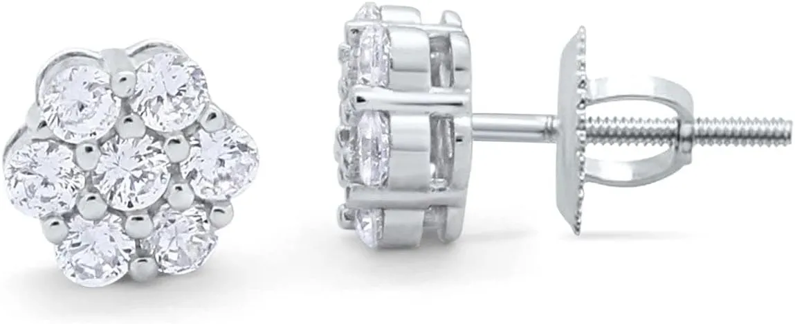 Blue Apple Co. 8mm Cluster Earrings 7-Stone Round Cubic Zirconia 925 Sterling Silver Screwback Flower Stud Earring