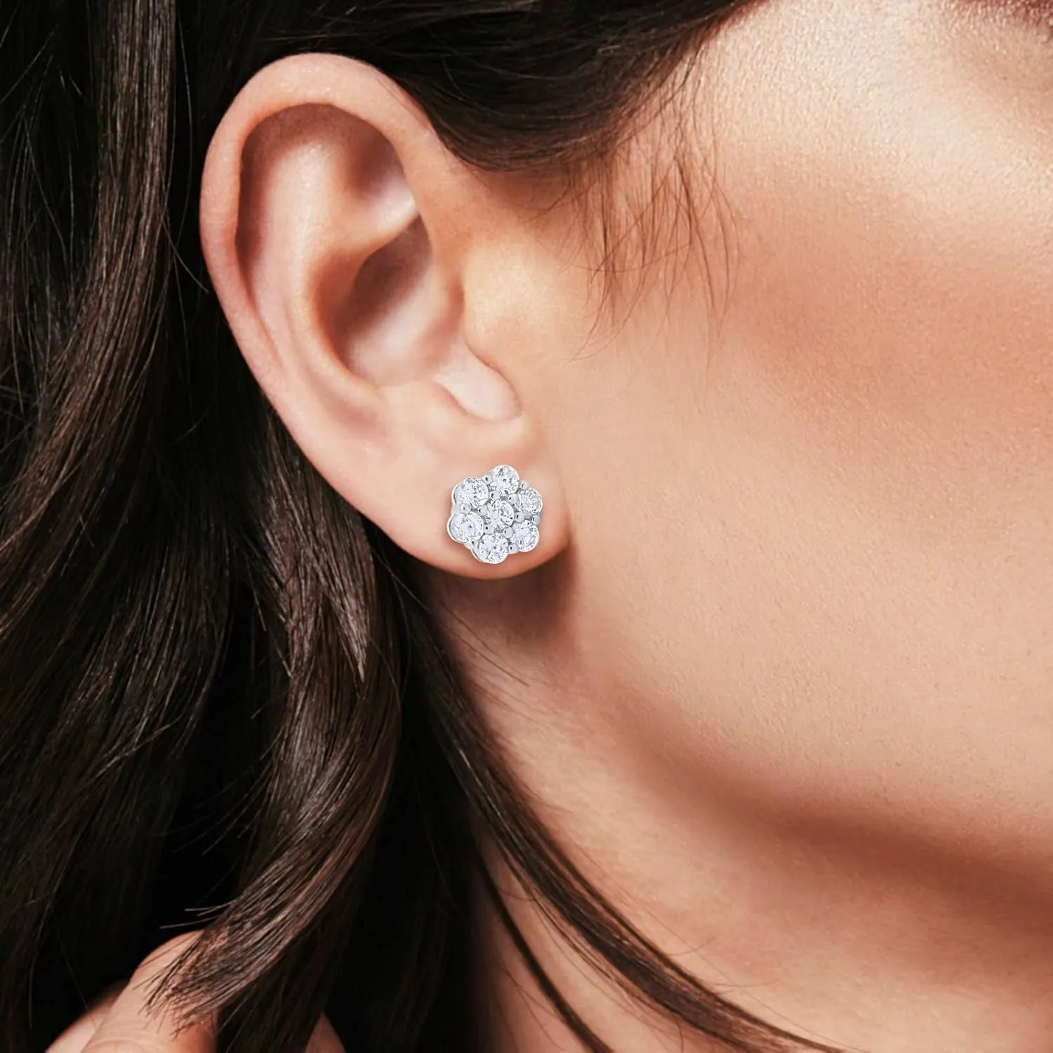 Blue Apple Co. 8mm Cluster Earrings 7-Stone Round Cubic Zirconia 925 Sterling Silver Screwback Flower Stud Earring