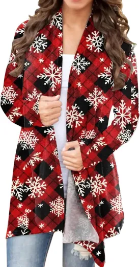BOUTIKOME Christmas Cardigan for Women Ugly Xmas Tree Sweater Long Sleeve Shirt Front Open Front Plus Size Holiday Tops