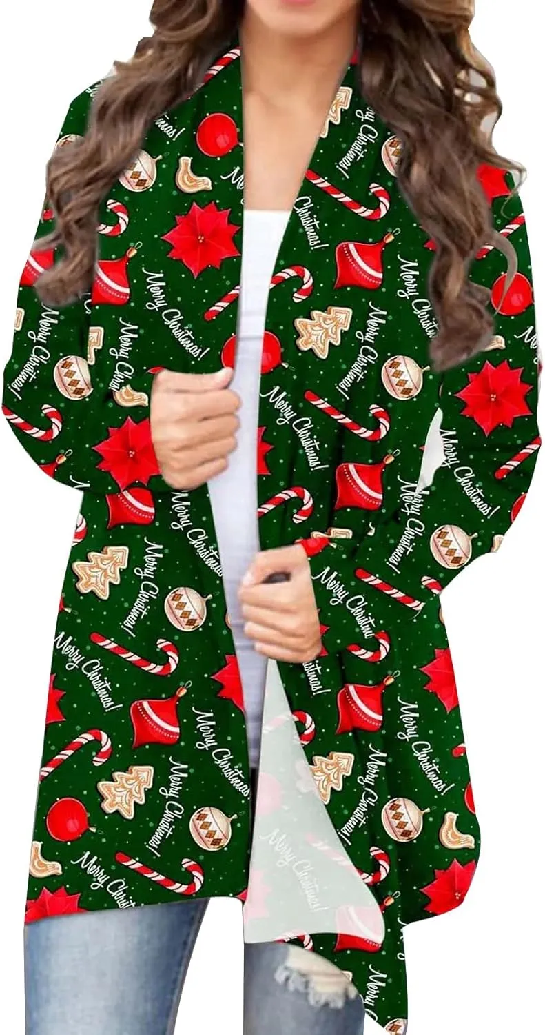 BOUTIKOME Christmas Cardigan for Women Ugly Xmas Tree Sweater Long Sleeve Shirt Front Open Front Plus Size Holiday Tops