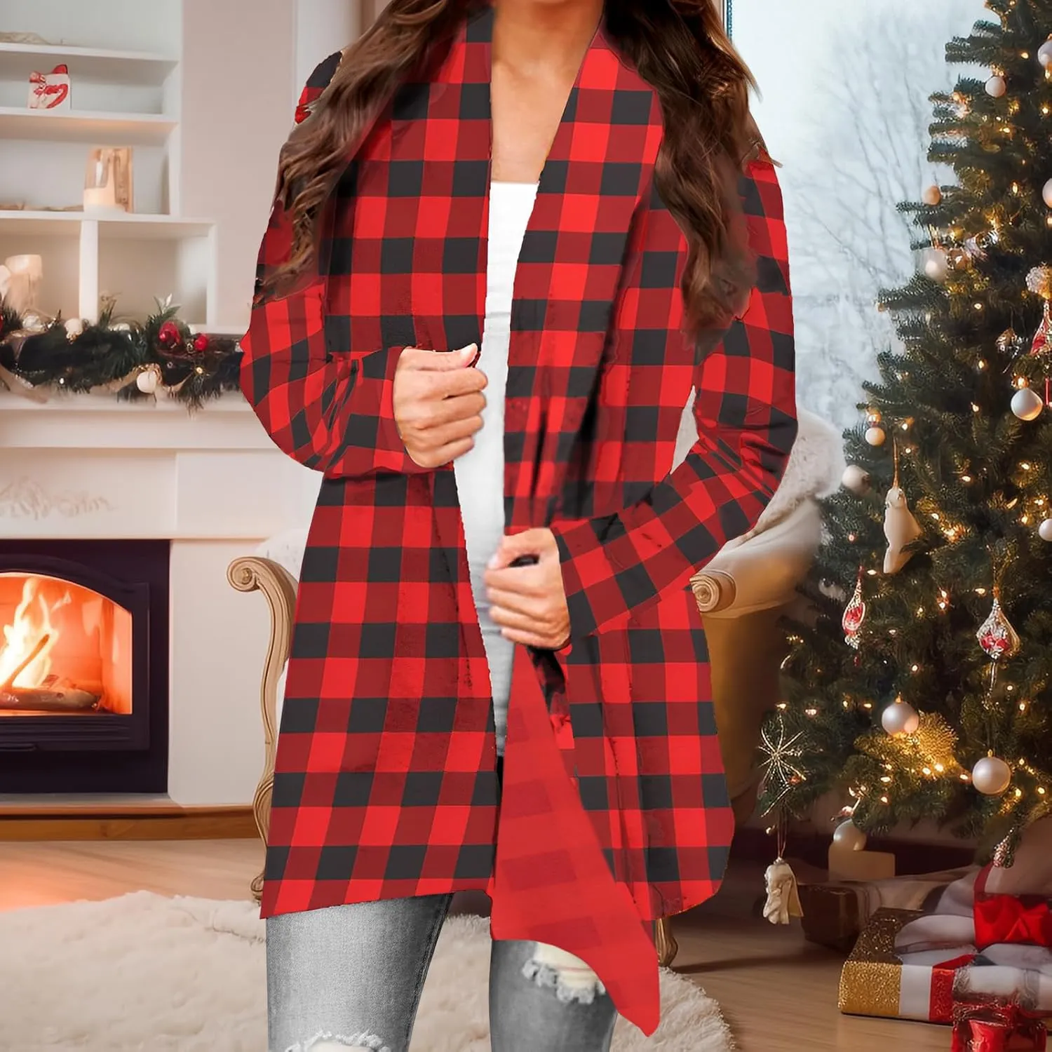 BOUTIKOME Christmas Cardigan for Women Ugly Xmas Tree Sweater Long Sleeve Shirt Front Open Front Plus Size Holiday Tops