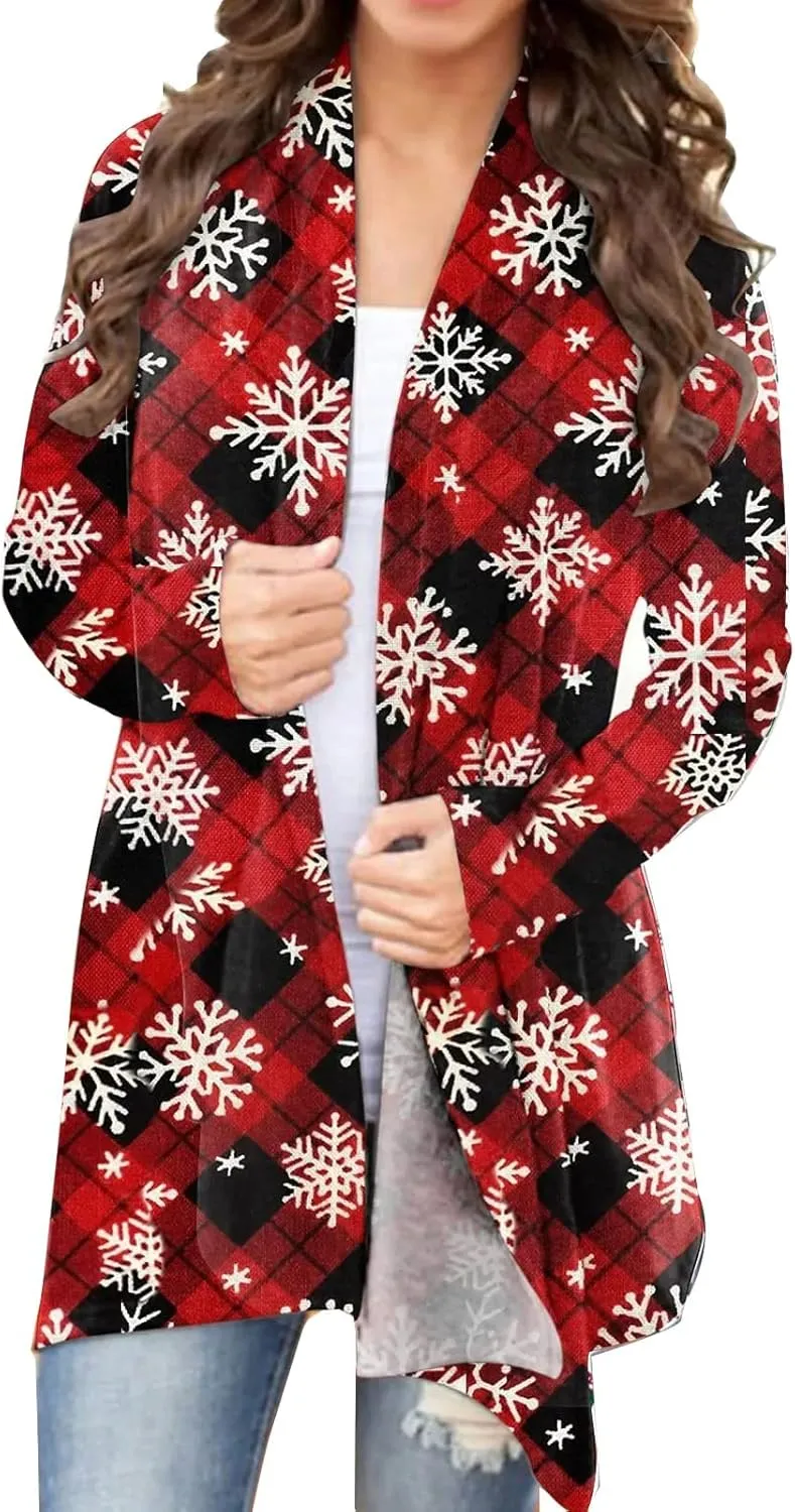 BOUTIKOME Christmas Cardigan for Women Ugly Xmas Tree Sweater Long Sleeve Shirt Front Open Front Plus Size Holiday Tops