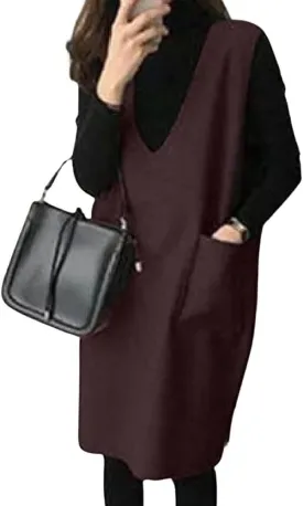 chouyatou Women's Long Wool Vest Sleeveless V Neck Wool Blend Midi Vest Dress with Pockets