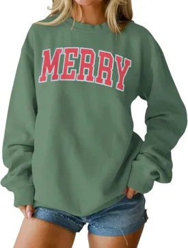 Christmas Women's Merry Graphic Sweatshirt Crewneck Xmas Holiday Sweater Shirt Oversized Pullover Top Winter Outfit(Green,Medium)