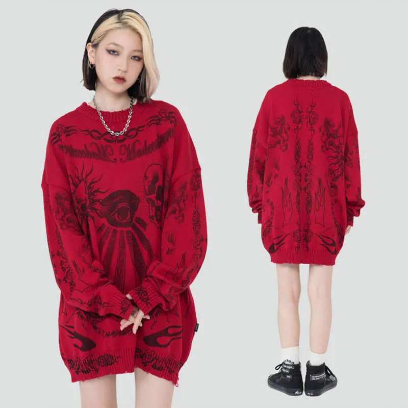 Classic Skull-print Loose Polyester Sweater