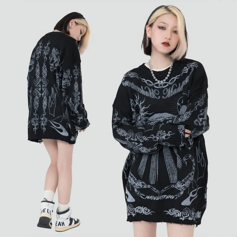 Classic Skull-print Loose Polyester Sweater