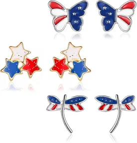 coadipress 3 Pairs American Flag Stud Earrings for Women Fashion Red Blue Star Butterfly Dragonfly July 4th USA Patriotic Independence Day Earrings Jewelry Accessory