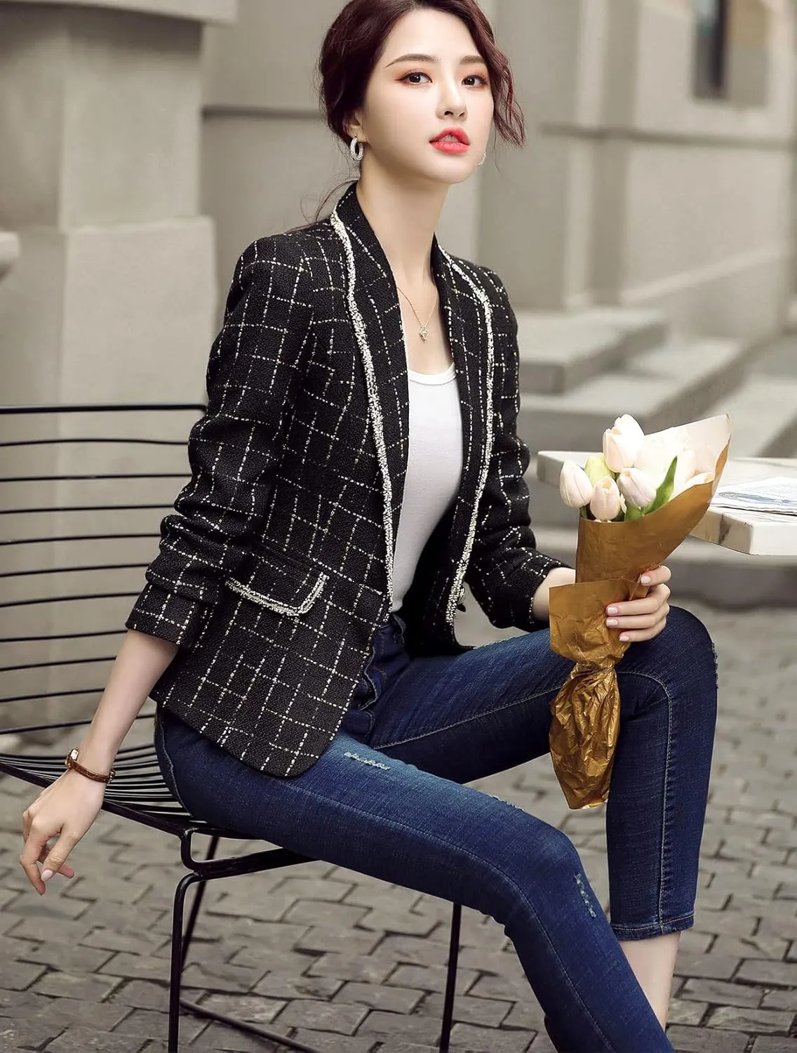 ebossy Women's Bordered Notched Lapel Plaid Blazer Suit Button Down Slim Elegant Houndstooth Checker Jacket Coat Crop Tops