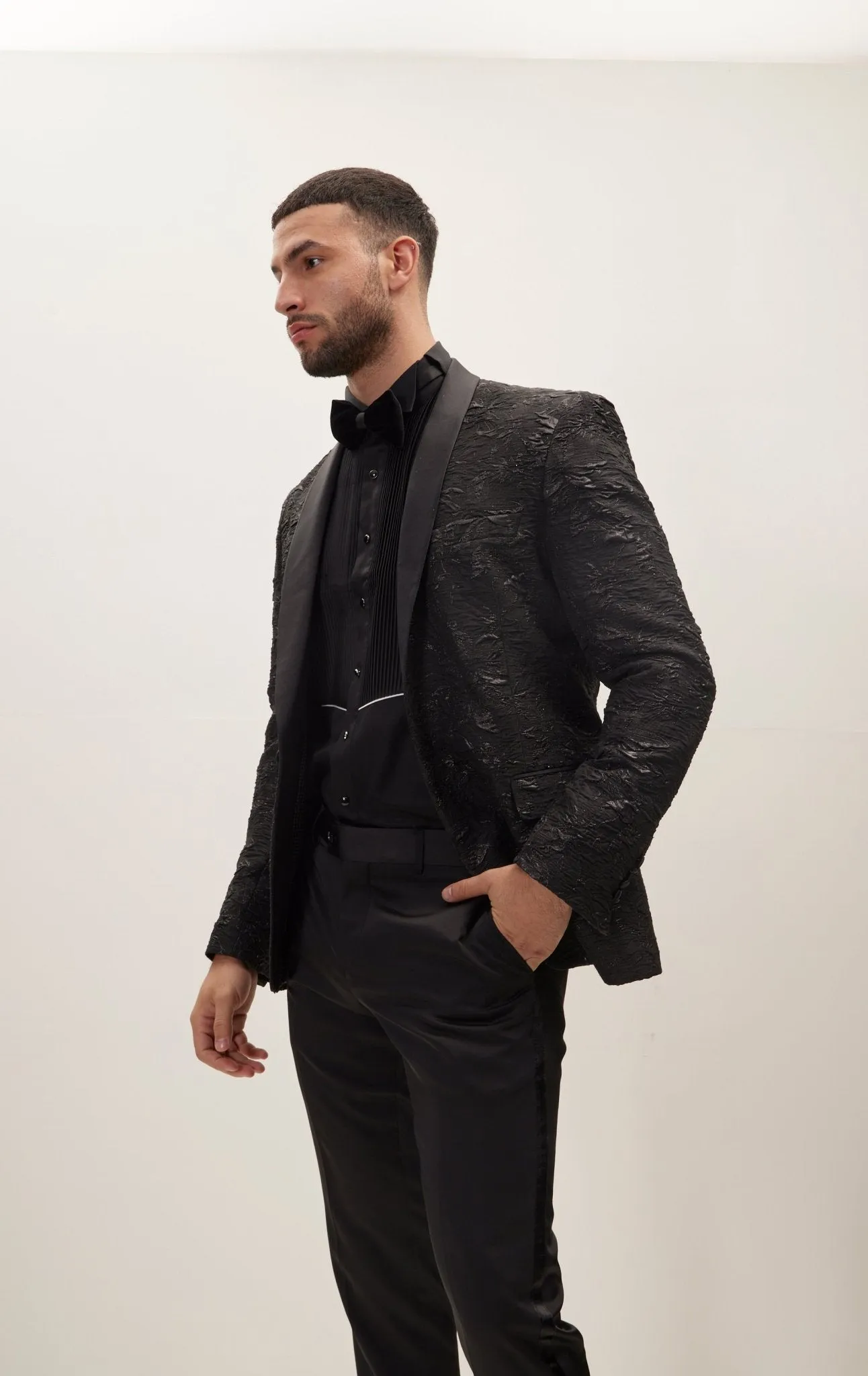 Embroidered Quilt Patterns Shawl Lapel Tuxedo Jacket - Black Silver
