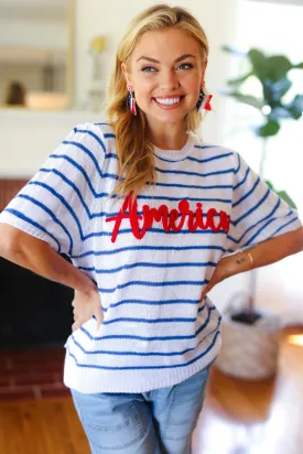 Explore More Collection - America Proud Blue Striped Embroidered Puff Sleeve Top