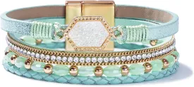 FANCY SHINY Crystal Beaded Leather Wrap Bracelet Stackable Boho Jewelry for Women Resin Stone Bangle Cuff with Magnetic Clasp