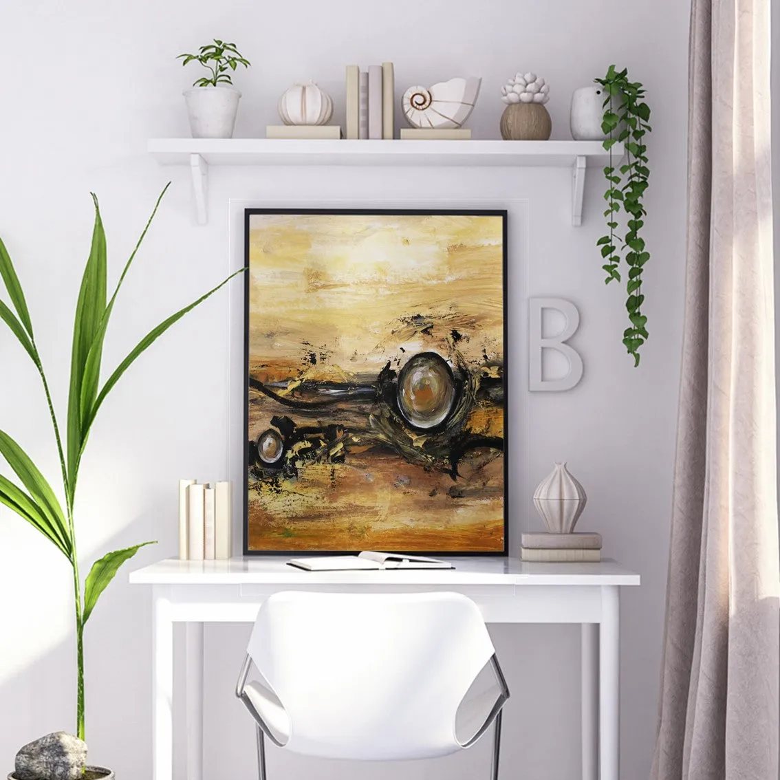 Framed vertical beige & gold abstract wall art print