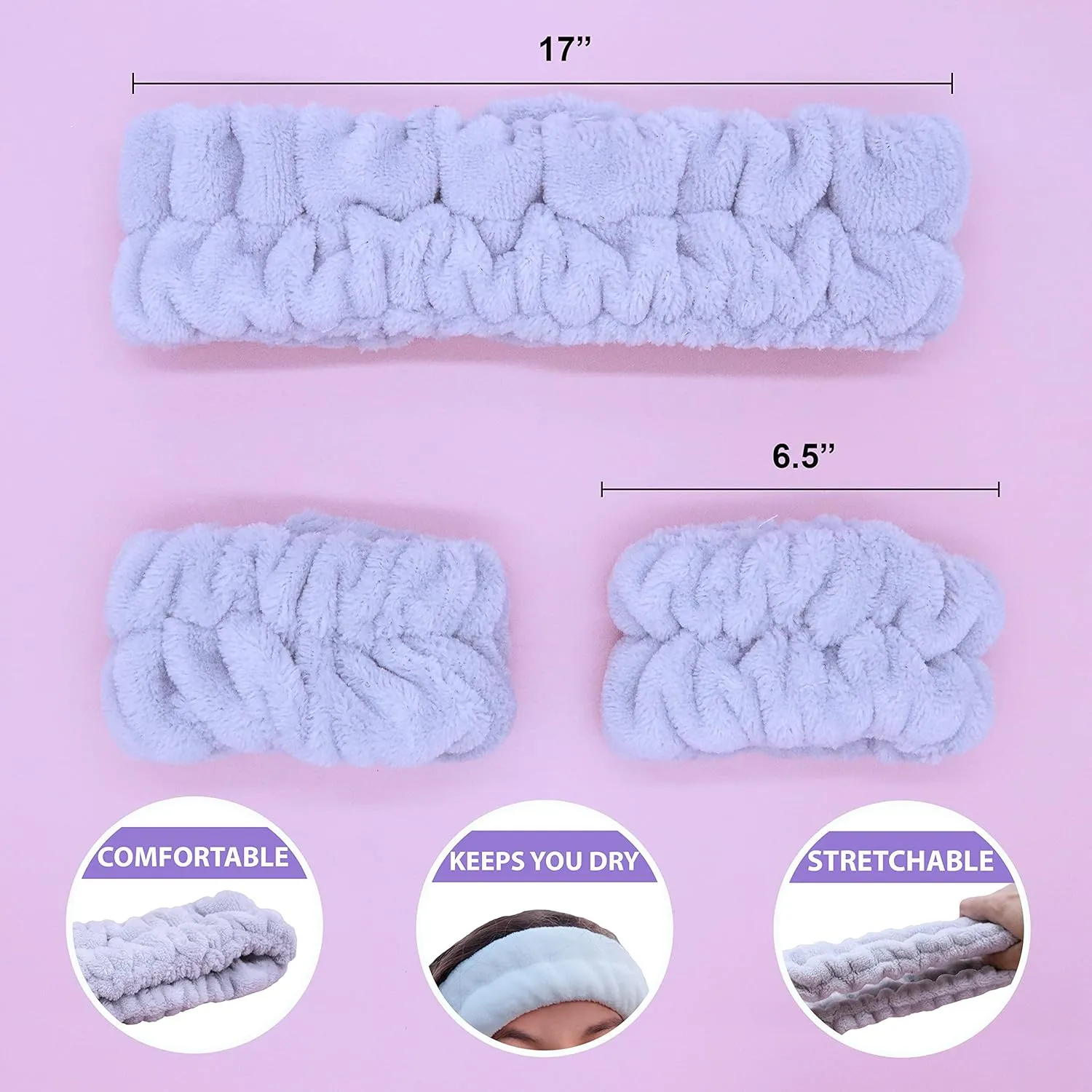 FROG SAC Spa Headband and Wristbands for Face Washing, Fuzzy Skincare Make Up Headbands Set for Women, Soft Puffy Makeup Skin Care Facewashing Hair Band Accessories for Girls (Gray)