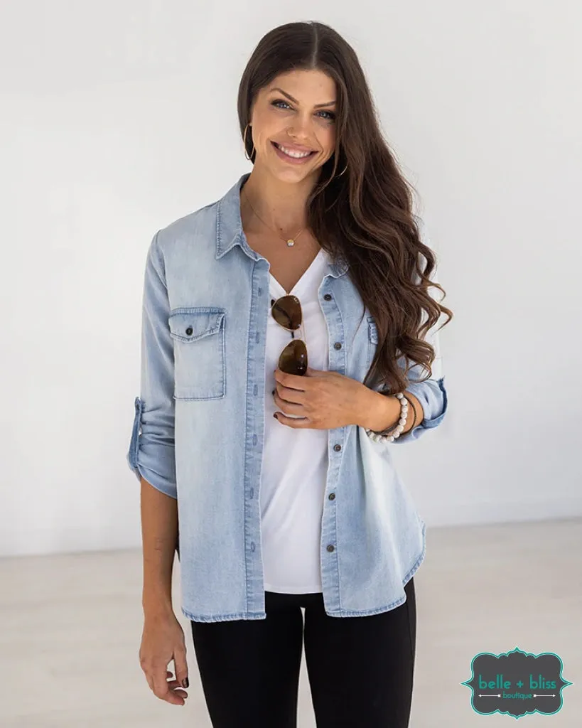 Grace and Lace Stretch Chambray Button Up - Light Wash