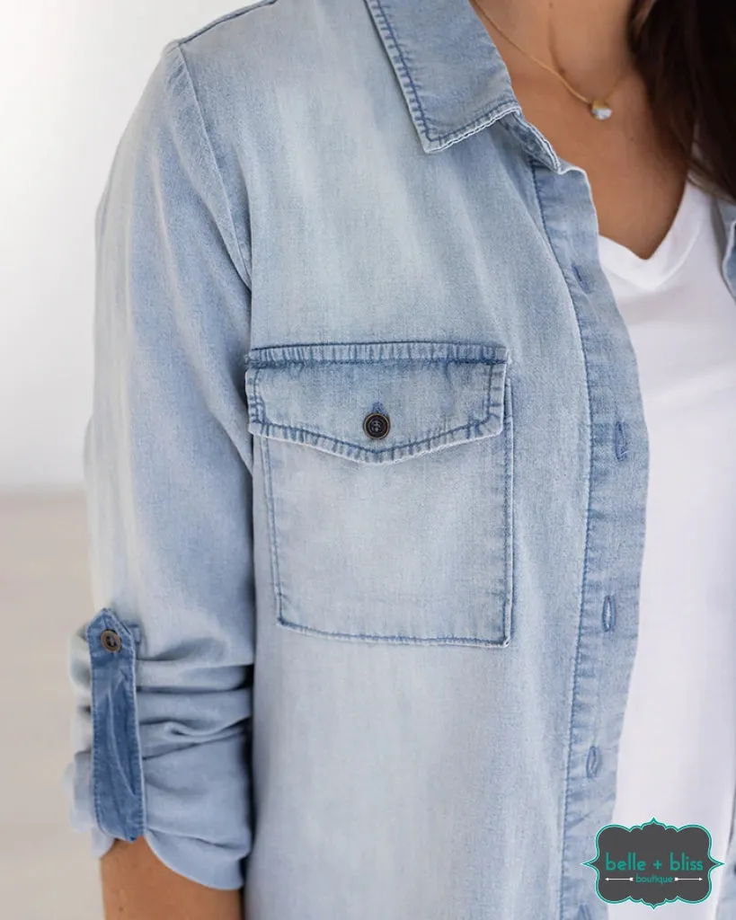 Grace and Lace Stretch Chambray Button Up - Light Wash