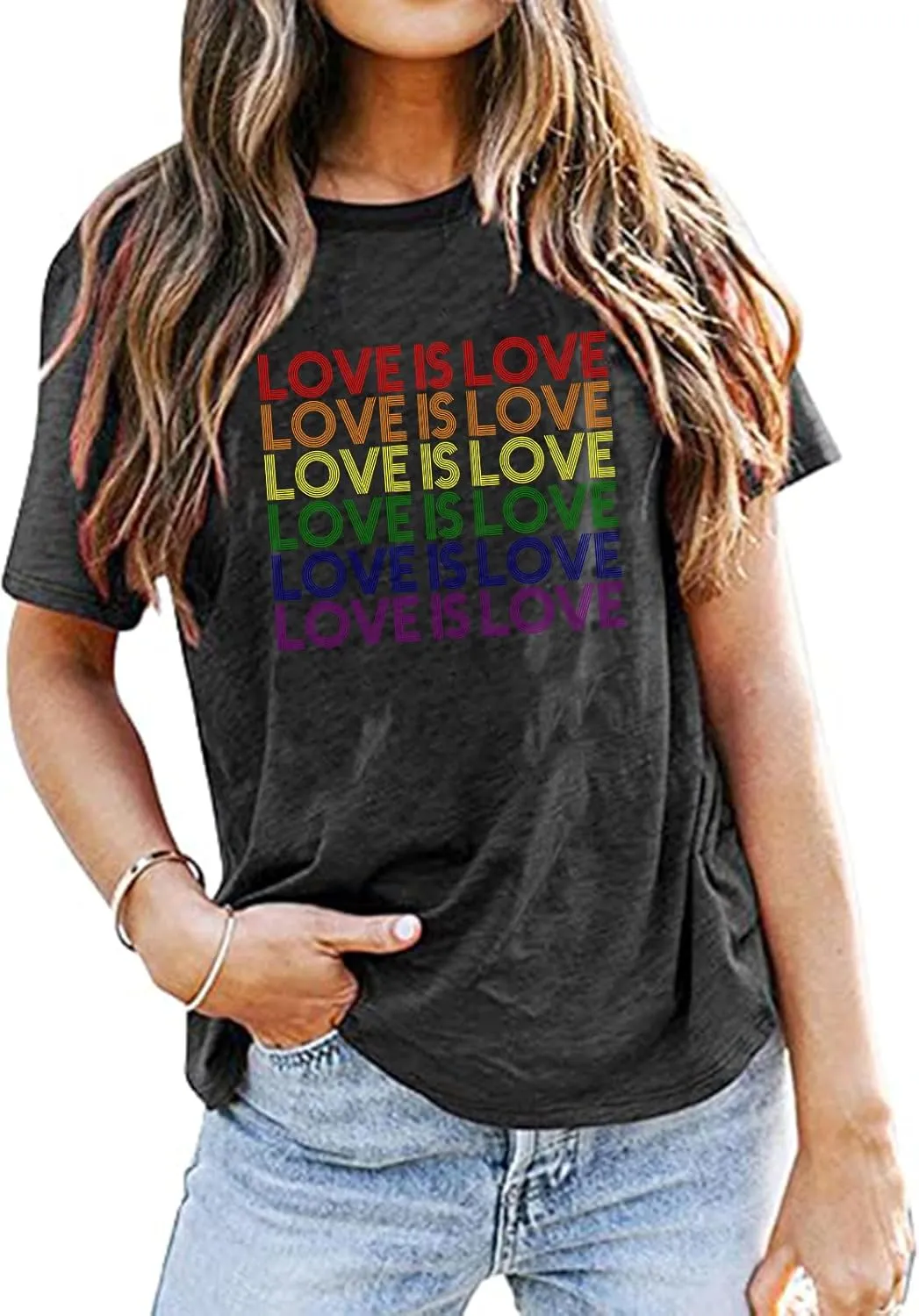Gray Pride Shirt Women Rainbow Graphic T-Shirt LGBT Equality Tee Love is Love Letter Print Casual Tee Tops