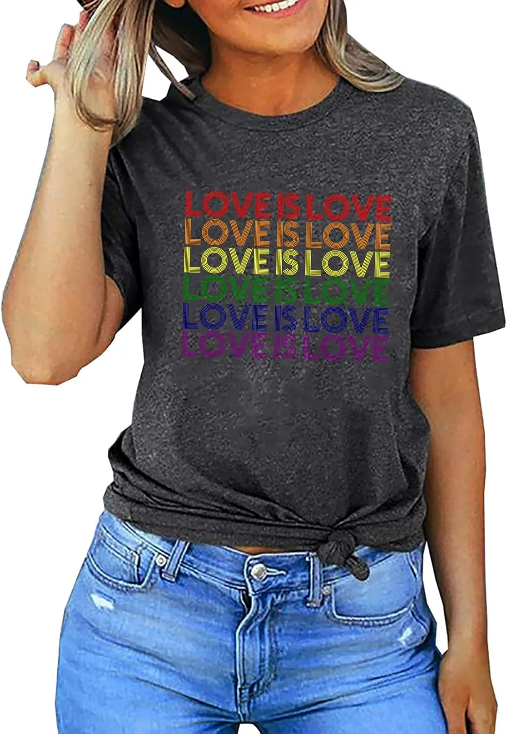 Gray Pride Shirt Women Rainbow Graphic T-Shirt LGBT Equality Tee Love is Love Letter Print Casual Tee Tops