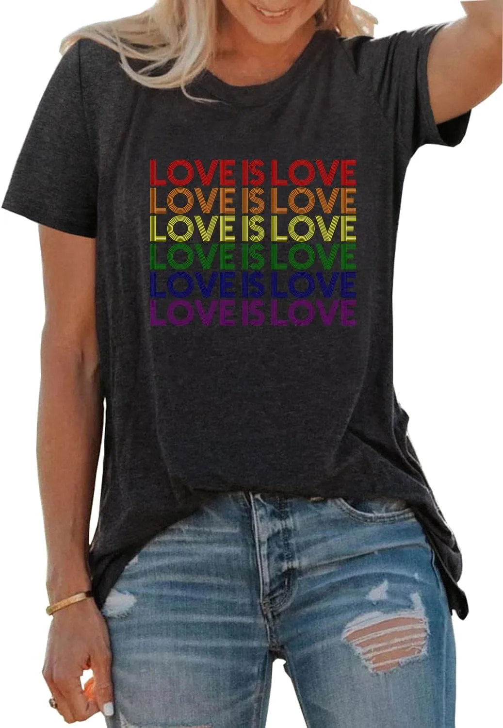 Gray Pride Shirt Women Rainbow Graphic T-Shirt LGBT Equality Tee Love is Love Letter Print Casual Tee Tops